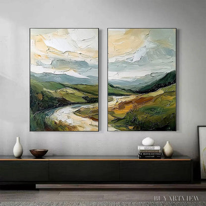 BUYARTVIEW River Valley Duet – Textured Landscape Diptych Painting - image 2