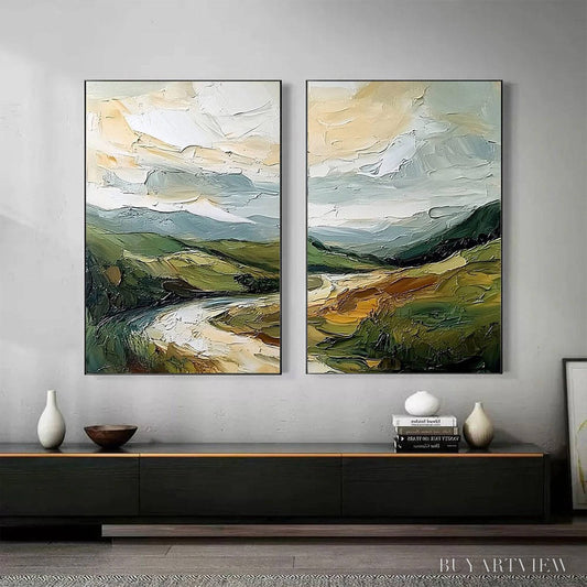 BUYARTVIEW River Valley Duet – Textured Landscape Diptych Painting - image 2