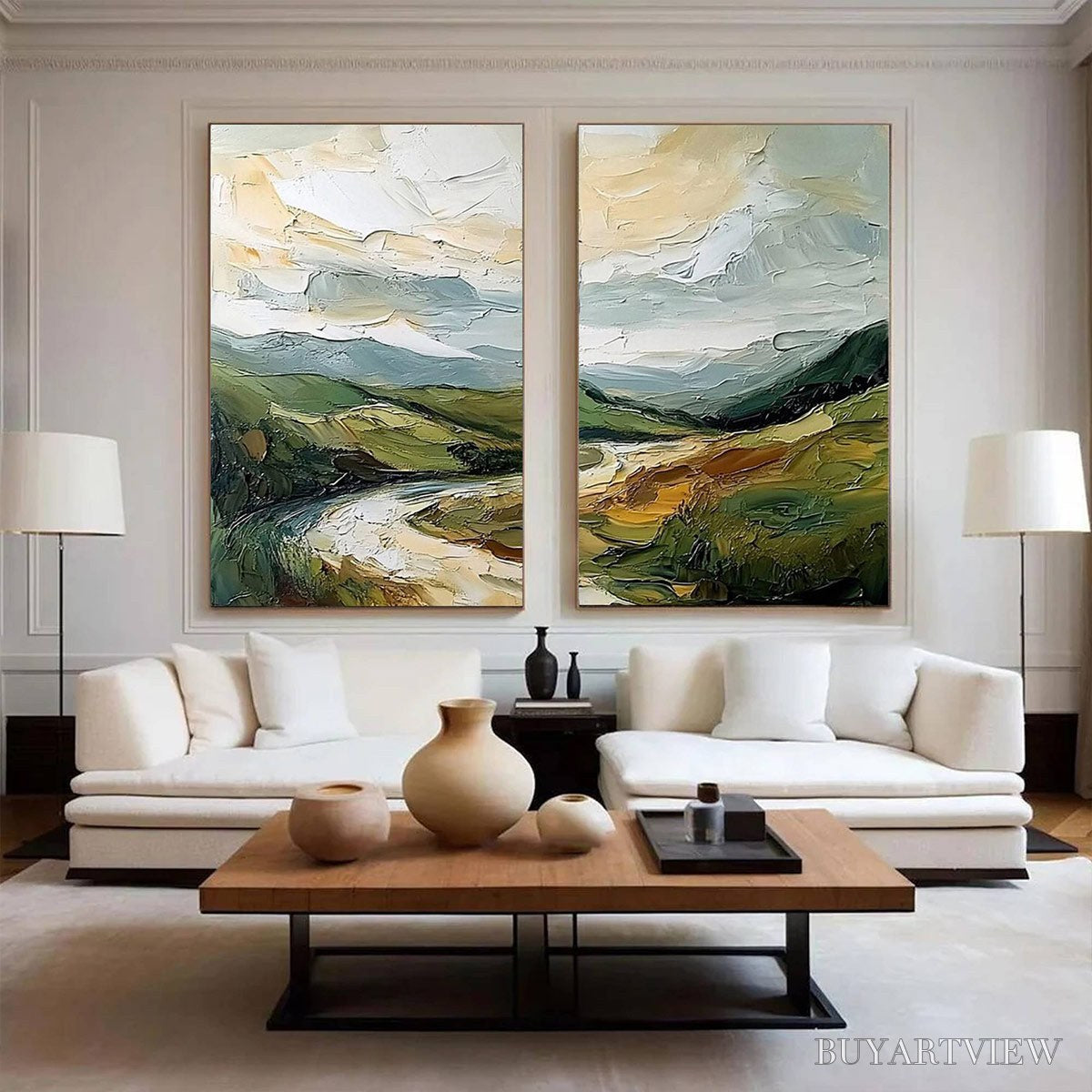 BUYARTVIEW River Valley Duet – Textured Landscape Diptych Painting - image 5