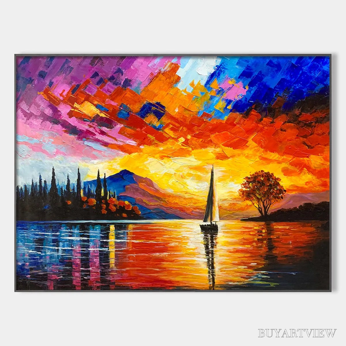 BUYARTVIEW Sailing At Sunset – Square Impasto Landscape Painting of a Tranquil Lake - image 1