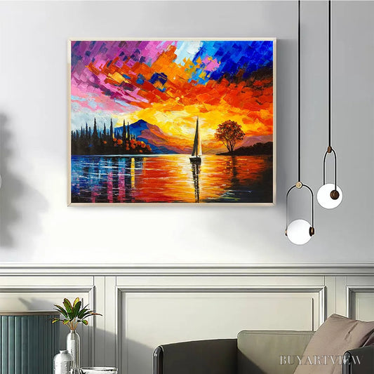 BUYARTVIEW Sailing At Sunset – Square Impasto Landscape Painting of a Tranquil Lake - image 2