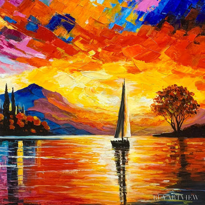 BUYARTVIEW Sailing At Sunset – Square Impasto Landscape Painting of a Tranquil Lake - image 3