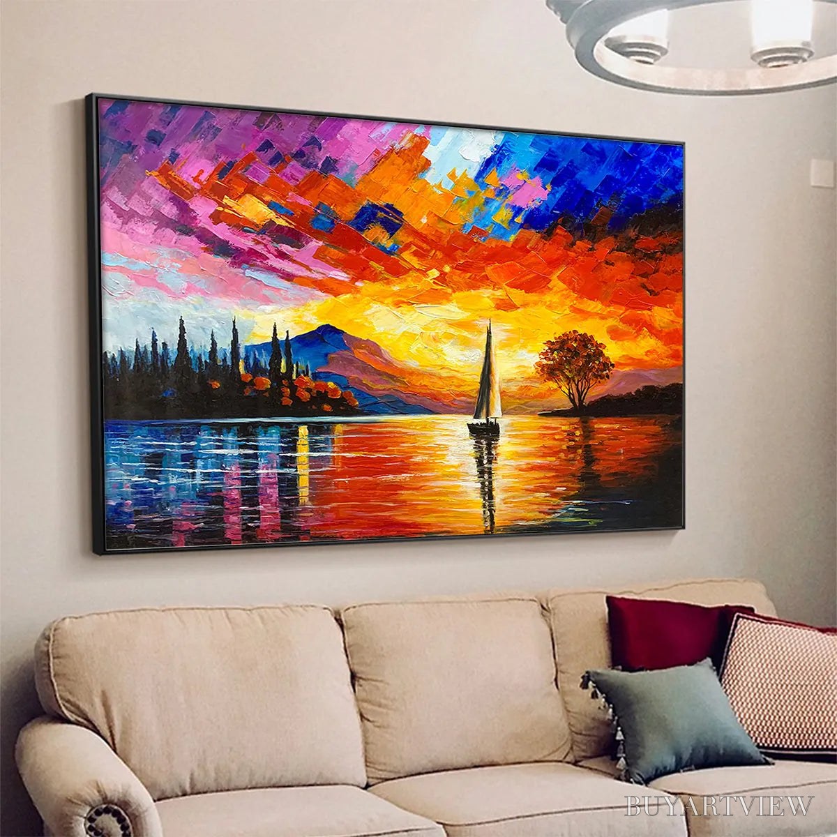 BUYARTVIEW Sailing At Sunset – Square Impasto Landscape Painting of a Tranquil Lake - image 4