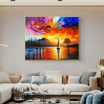 BUYARTVIEW Sailing At Sunset – Square Impasto Landscape Painting of a Tranquil Lake - image 6