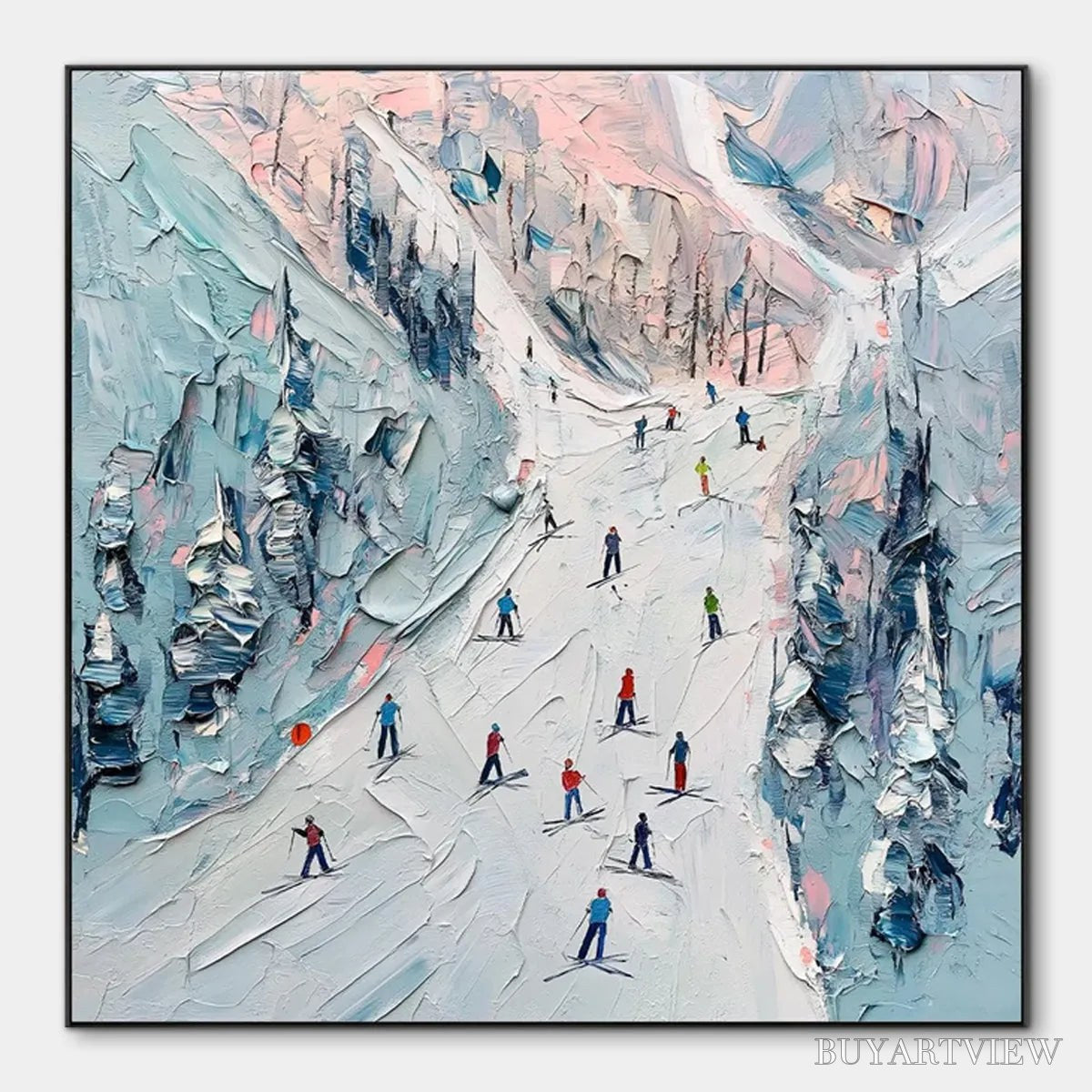 BUYARTVIEW Slope Life – Textured Impasto Ski Slope Scene on Square Canvas - image 1