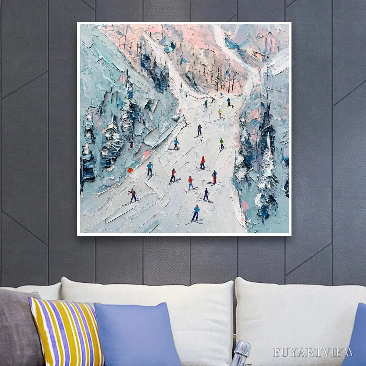 BUYARTVIEW Slope Life – Textured Impasto Ski Slope Scene on Square Canvas - image 2