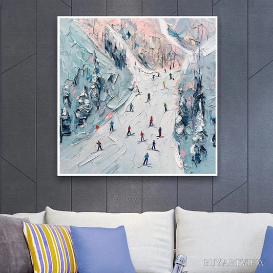 BUYARTVIEW Slope Life – Textured Impasto Ski Slope Scene on Square Canvas - image 2