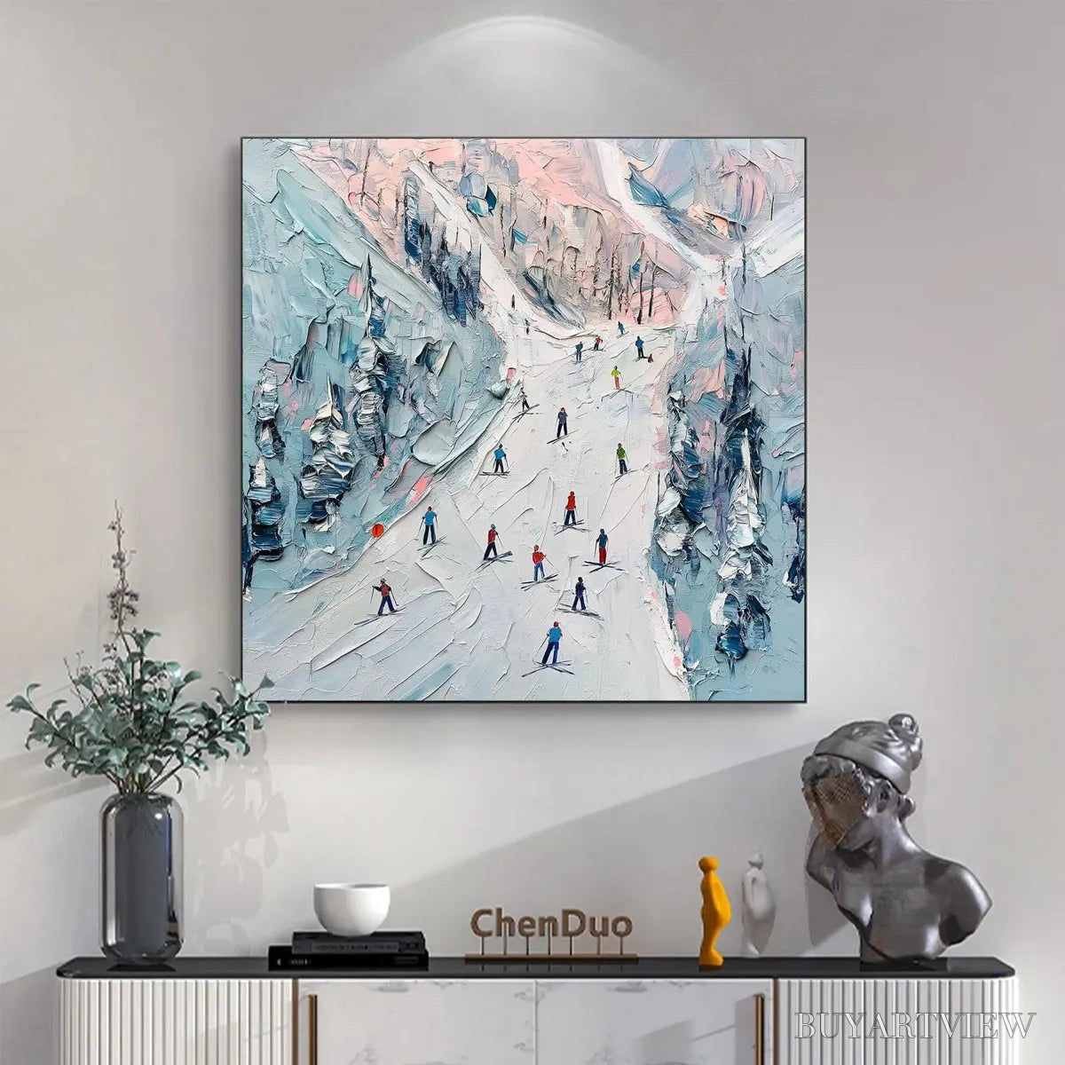 BUYARTVIEW Slope Life – Textured Impasto Ski Slope Scene on Square Canvas - image 4