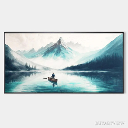 BUYARTVIEW Solitude'S Embrace – Panoramic Lake and Mountain Landscape Oil Painting with Canoe - image 1