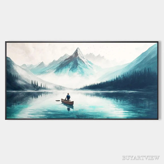 BUYARTVIEW Solitude'S Embrace – Panoramic Lake and Mountain Landscape Oil Painting with Canoe - image 1