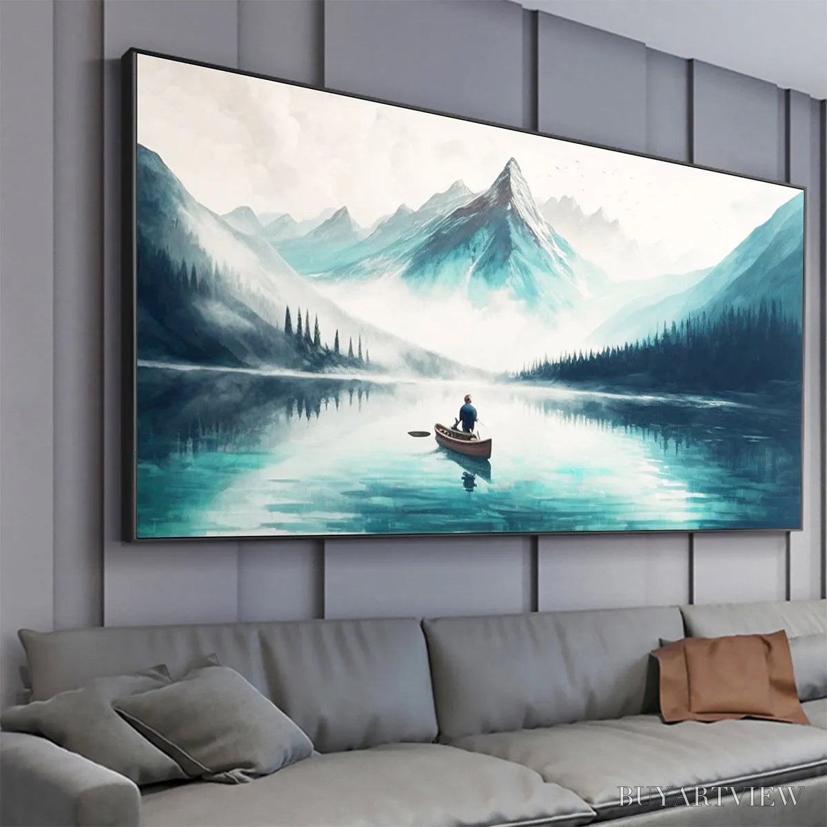 BUYARTVIEW Solitude'S Embrace – Panoramic Lake and Mountain Landscape Oil Painting with Canoe - image 3