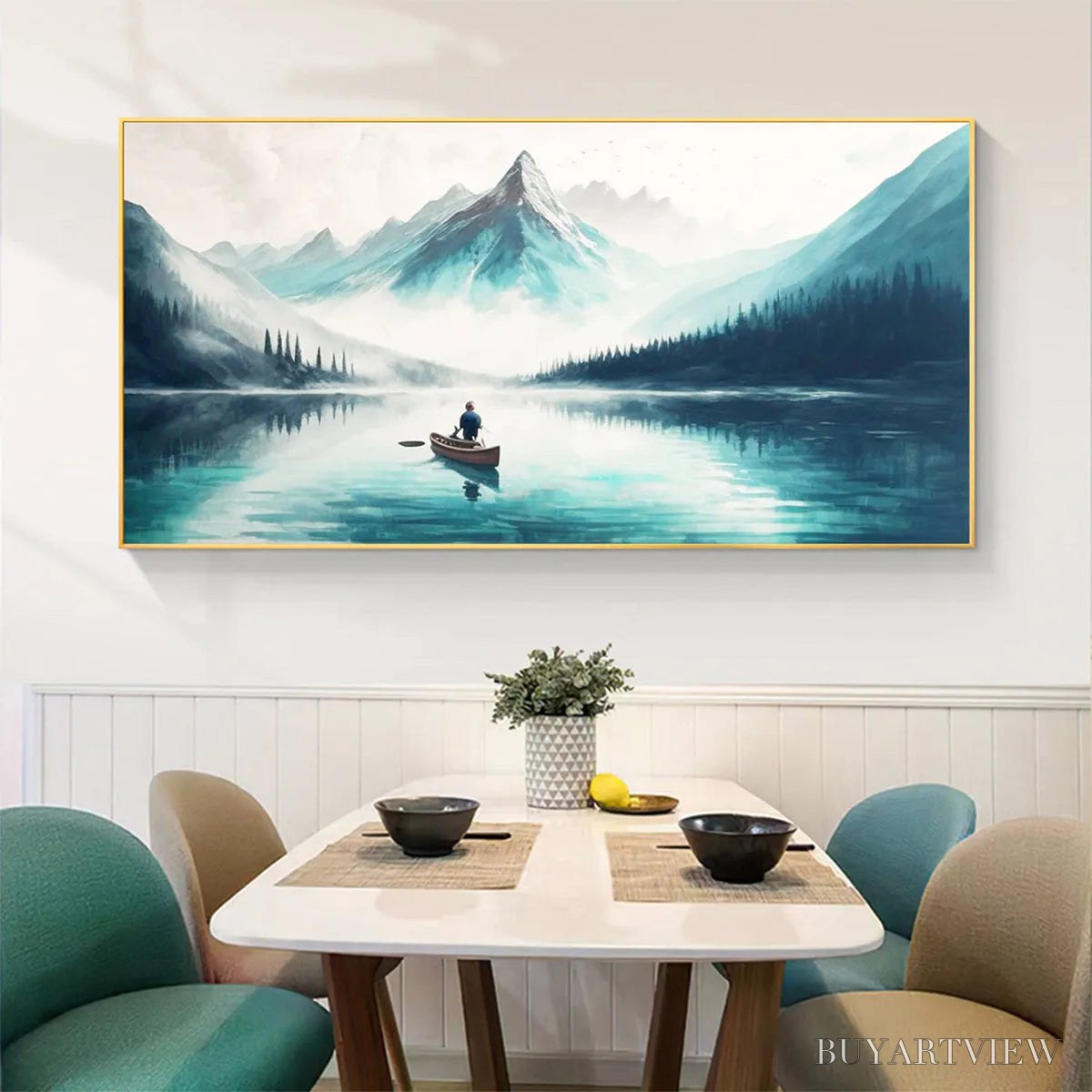 BUYARTVIEW Solitude'S Embrace – Panoramic Lake and Mountain Landscape Oil Painting with Canoe - image 4