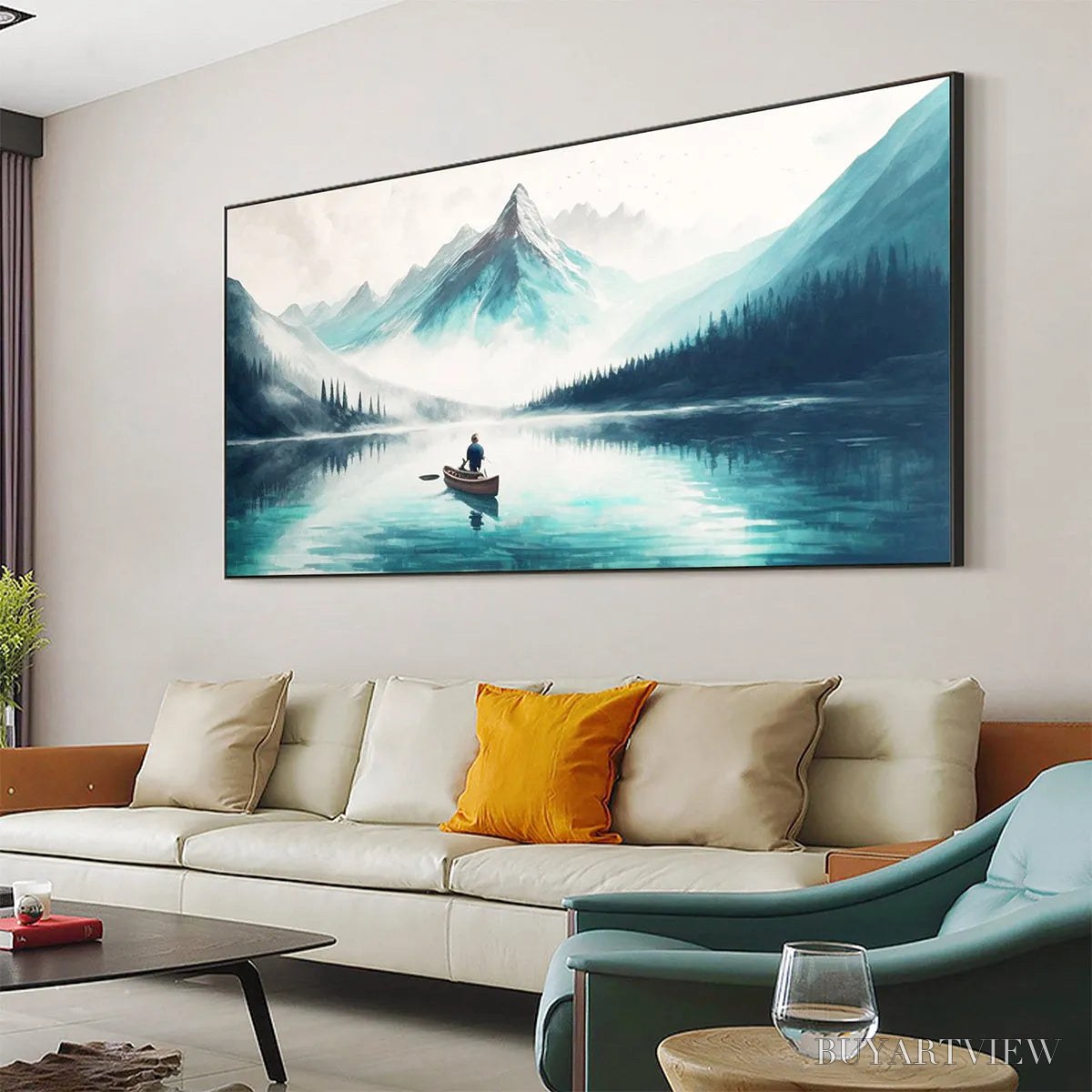 BUYARTVIEW Solitude'S Embrace – Panoramic Lake and Mountain Landscape Oil Painting with Canoe - image 6