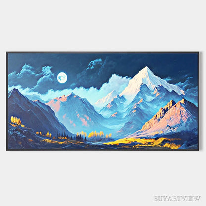 BUYARTVIEW Moonlit Majesty – Panoramic Mountain Landscape Oil Painting with Moon - image 1