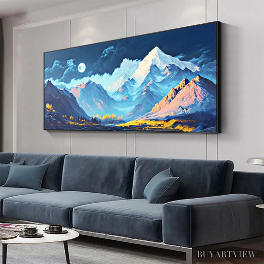 BUYARTVIEW Moonlit Majesty – Panoramic Mountain Landscape Oil Painting with Moon - image 2