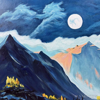 BUYARTVIEW Moonlit Majesty – Panoramic Mountain Landscape Oil Painting with Moon - image 3