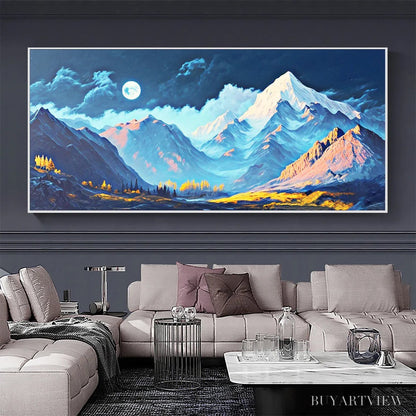 BUYARTVIEW Moonlit Majesty – Panoramic Mountain Landscape Oil Painting with Moon - image 6
