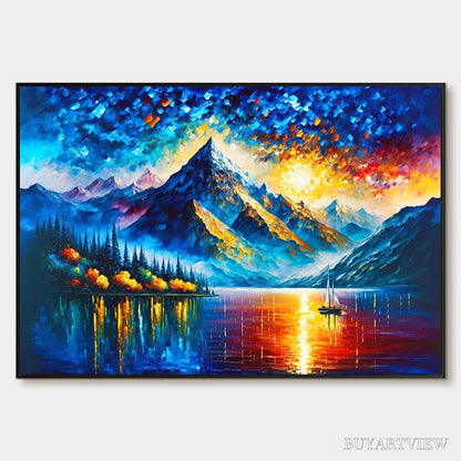 BUYARTVIEW Majestic Sunrise – Mountain Landscape Oil Painting with Lake and Sailboat - image 1