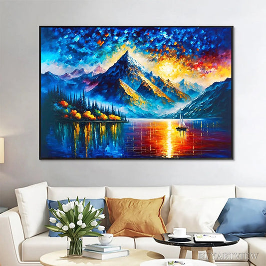 BUYARTVIEW Majestic Sunrise – Mountain Landscape Oil Painting with Lake and Sailboat - image 2