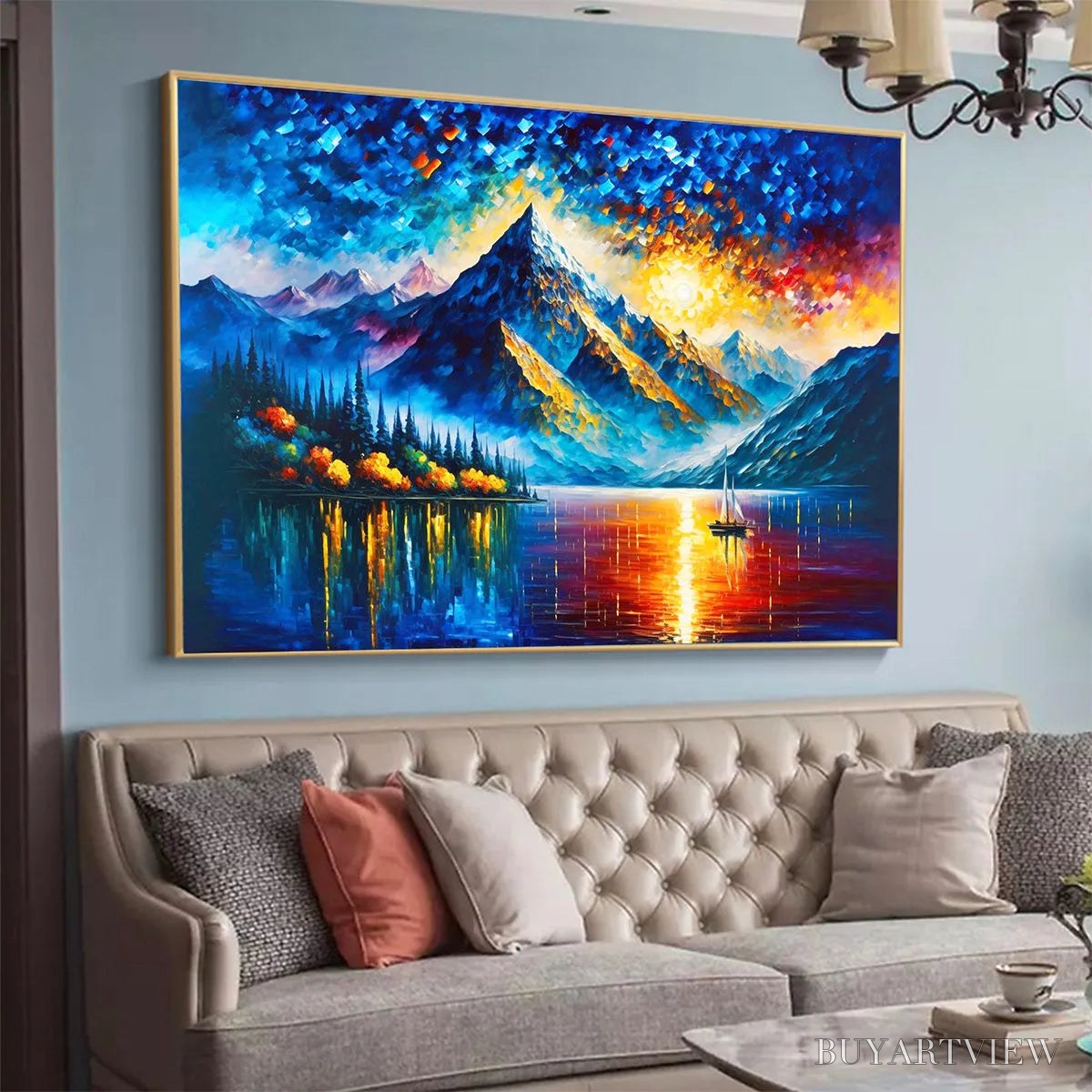 BUYARTVIEW Majestic Sunrise – Mountain Landscape Oil Painting with Lake and Sailboat - image 4