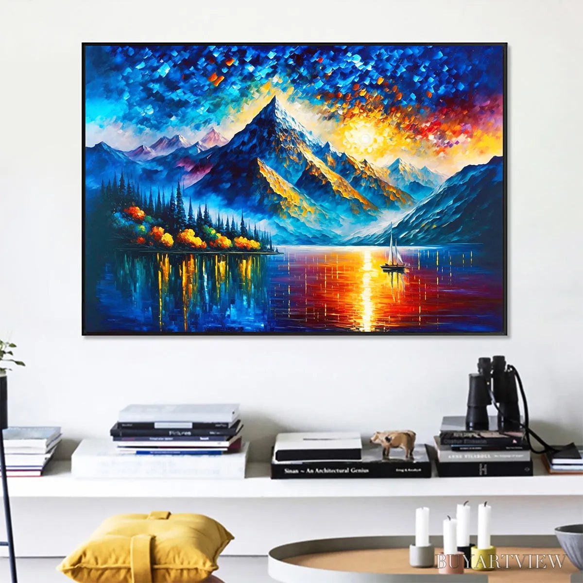 BUYARTVIEW Majestic Sunrise – Mountain Landscape Oil Painting with Lake and Sailboat - image 5