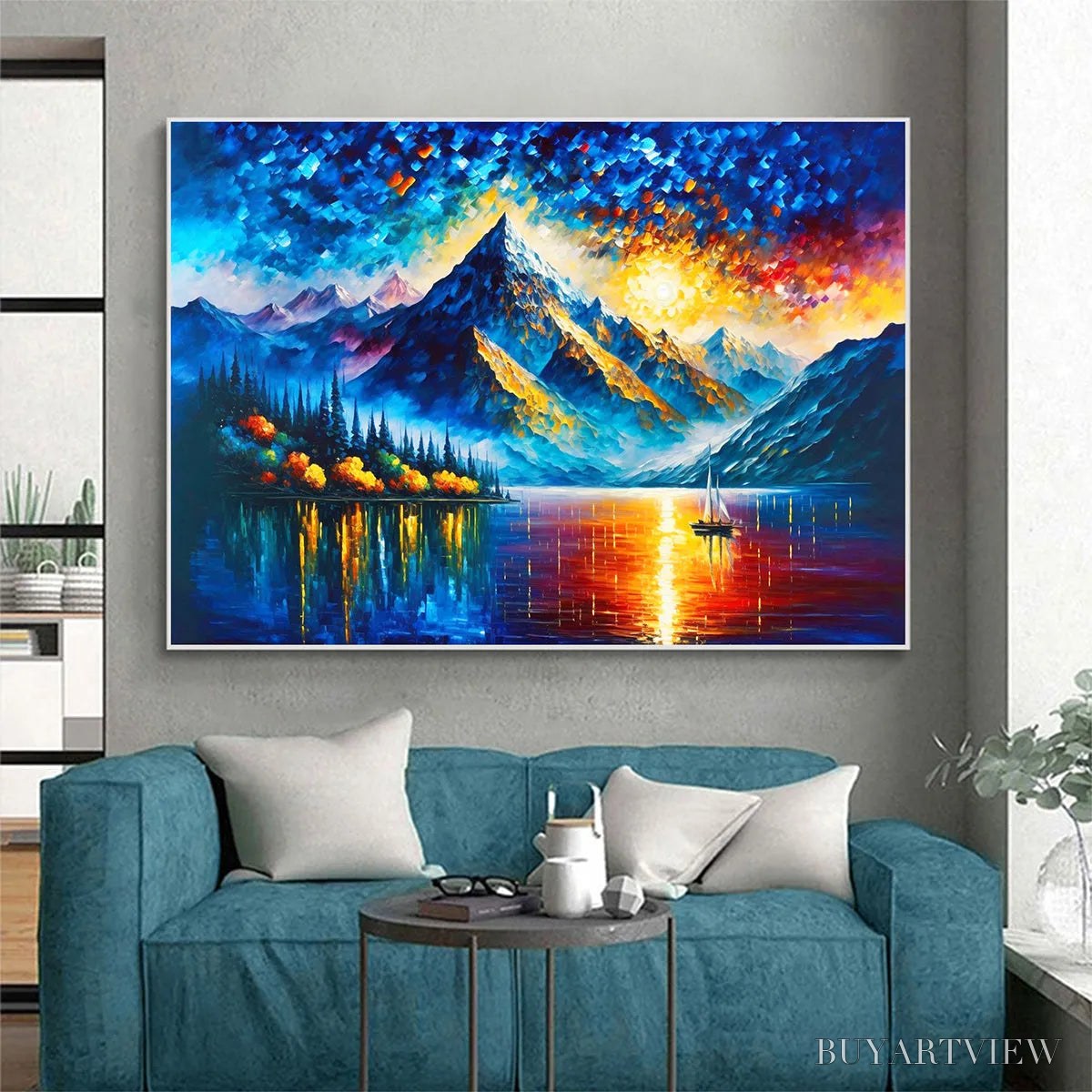 BUYARTVIEW Majestic Sunrise – Mountain Landscape Oil Painting with Lake and Sailboat - image 6