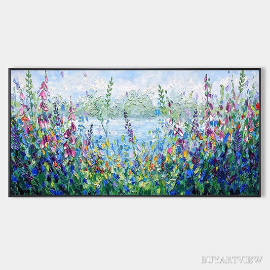 BUYARTVIEW Alpine Meadow – Impasto Landscape Oil Painting with Wildflowers and Lake View - image 1