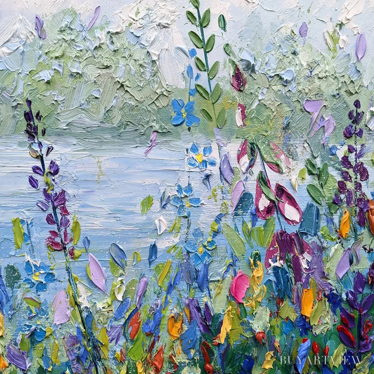 BUYARTVIEW Alpine Meadow – Impasto Landscape Oil Painting with Wildflowers and Lake View - image 3