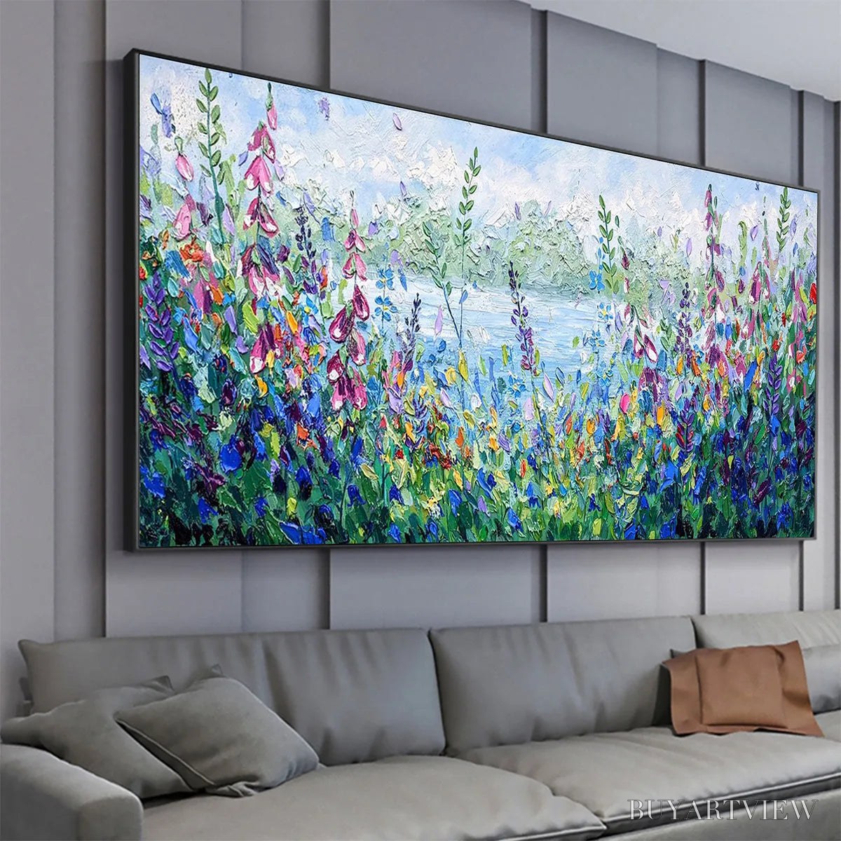 BUYARTVIEW Alpine Meadow – Impasto Landscape Oil Painting with Wildflowers and Lake View - image 4