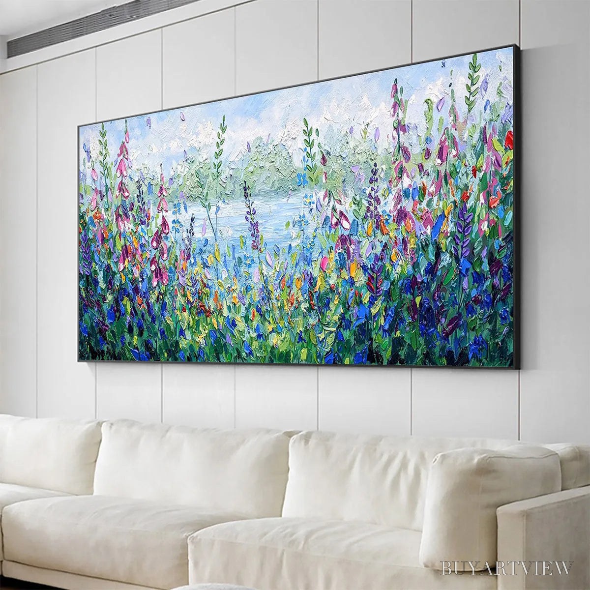 BUYARTVIEW Alpine Meadow – Impasto Landscape Oil Painting with Wildflowers and Lake View - image 5
