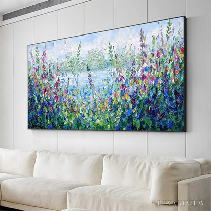 BUYARTVIEW Alpine Meadow – Impasto Landscape Oil Painting with Wildflowers and Lake View - image 5