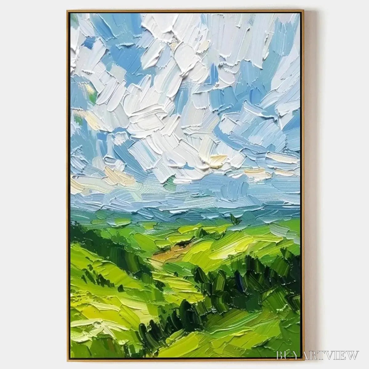 BUYARTVIEW Green Valley Vista – Textured Landscape Painting, Impasto , Vertical Canvas, Nature Decor - image 1
