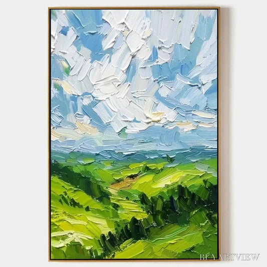 BUYARTVIEW Green Valley Vista – Textured Landscape Painting, Impasto , Vertical Canvas, Nature Decor - image 1