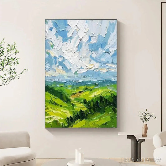 BUYARTVIEW Green Valley Vista – Textured Landscape Painting, Impasto , Vertical Canvas, Nature Decor - image 2