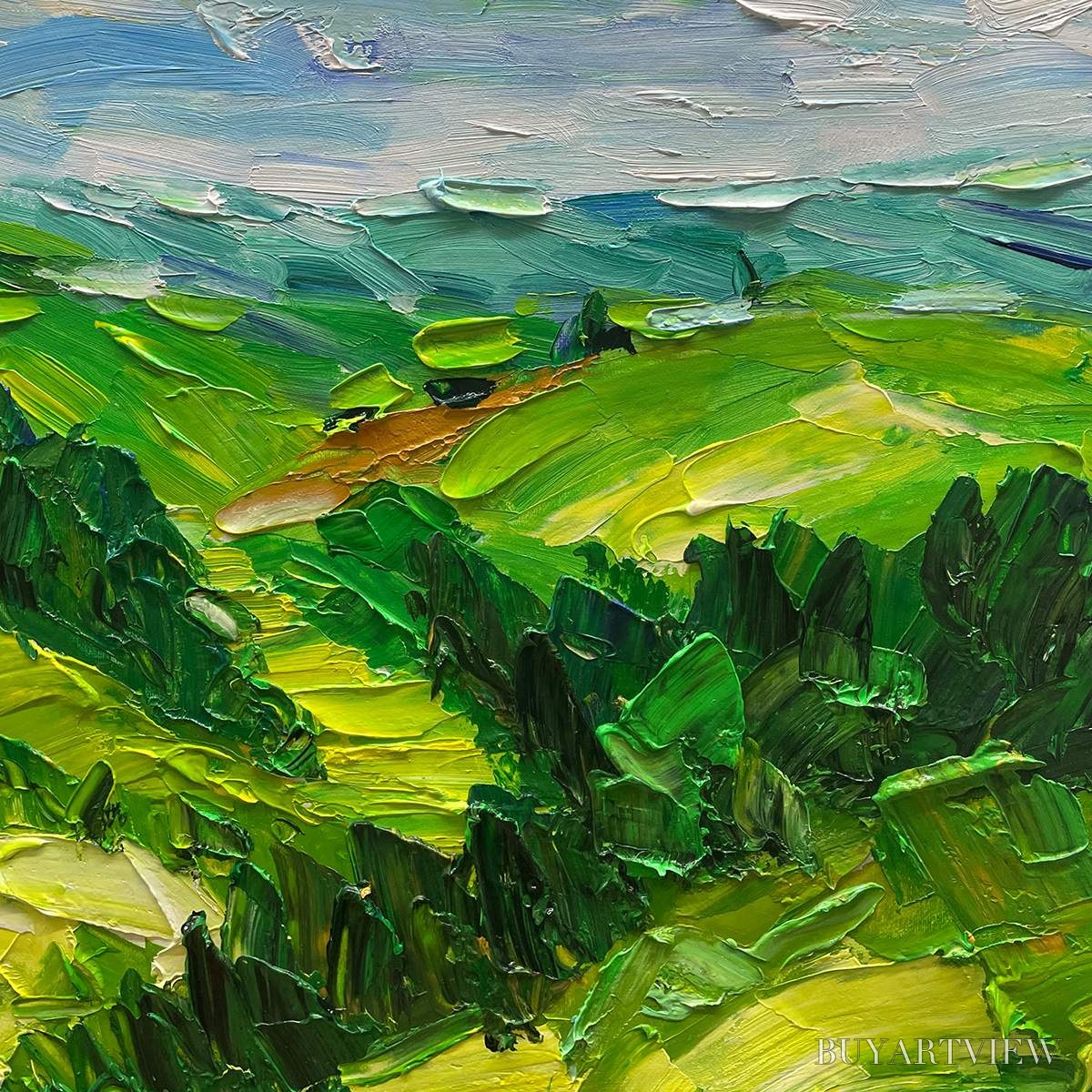 BUYARTVIEW Green Valley Vista – Textured Landscape Painting, Impasto , Vertical Canvas, Nature Decor - image 3