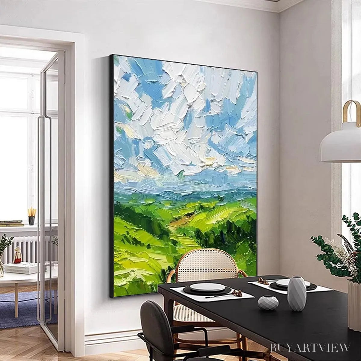 BUYARTVIEW Green Valley Vista – Textured Landscape Painting, Impasto , Vertical Canvas, Nature Decor - image 4