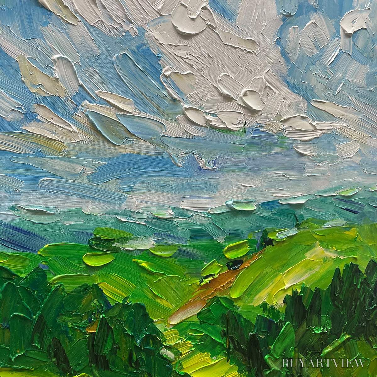 BUYARTVIEW Green Valley Vista – Textured Landscape Painting, Impasto , Vertical Canvas, Nature Decor - image 6