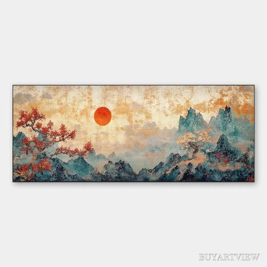 BUYARTVIEW Zen Mountain Sunset Panoramic – Landscape Painting, Panoramic , Asian Decor - image 1