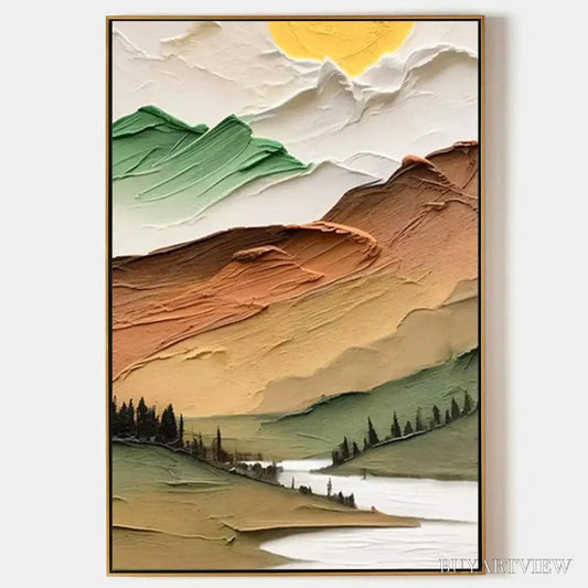 BUYARTVIEW Golden Valley – Textured Mountain Landscape Painting, Green and Gold , Vertical Canvas, Impasto Decor - image 1