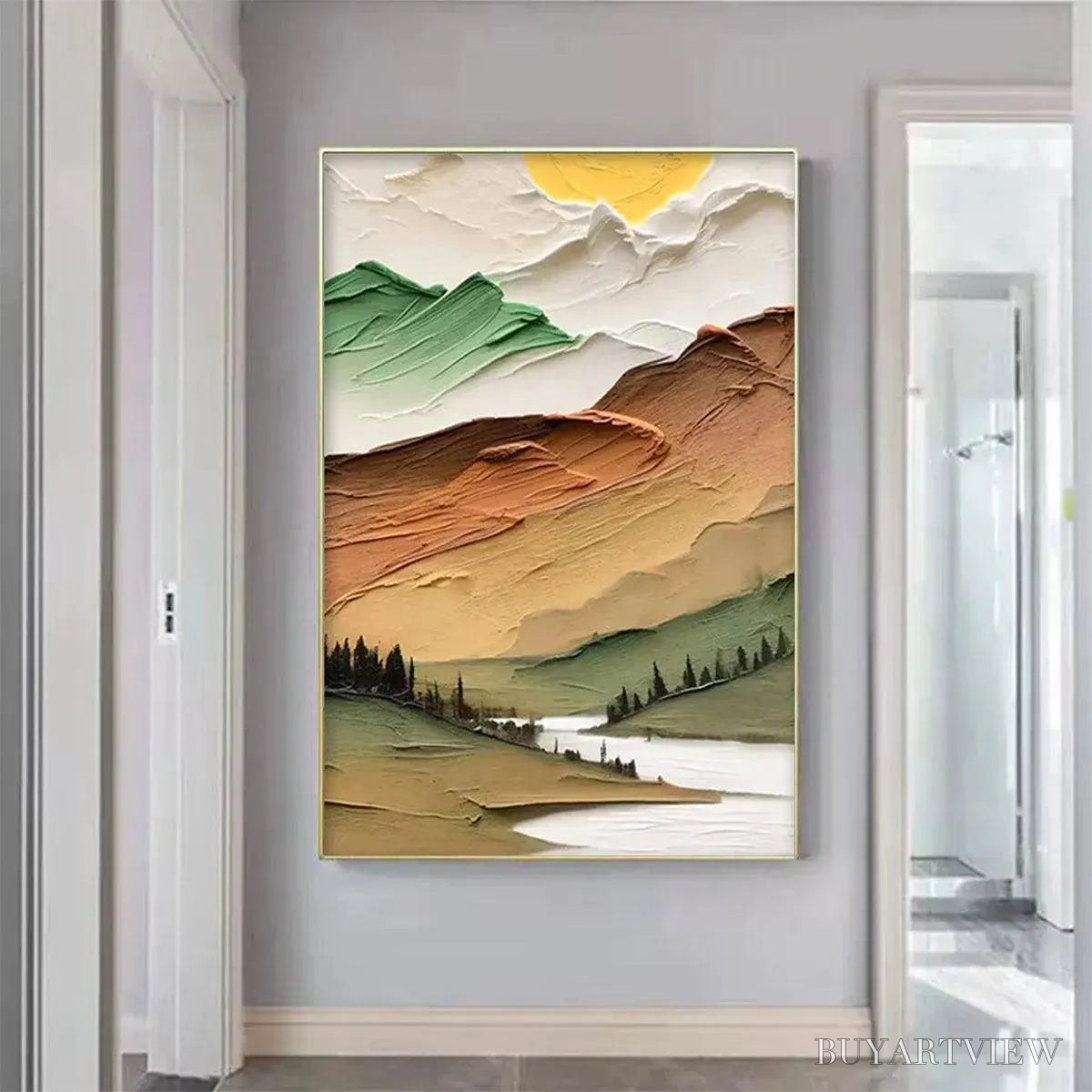 BUYARTVIEW Golden Valley – Textured Mountain Landscape Painting, Green and Gold , Vertical Canvas, Impasto Decor - image 2