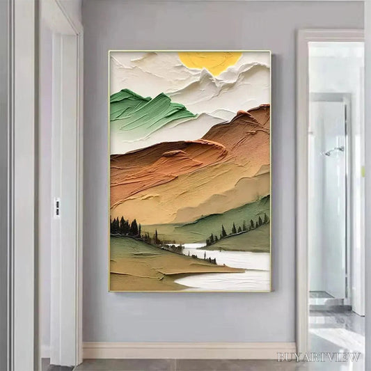 BUYARTVIEW Golden Valley – Textured Mountain Landscape Painting, Green and Gold , Vertical Canvas, Impasto Decor - image 2
