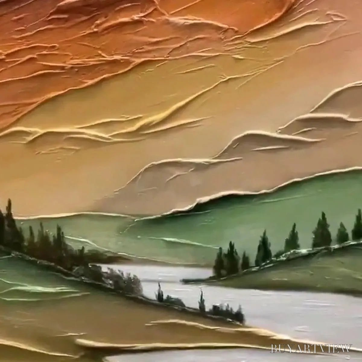 BUYARTVIEW Golden Valley – Textured Mountain Landscape Painting, Green and Gold , Vertical Canvas, Impasto Decor - image 3