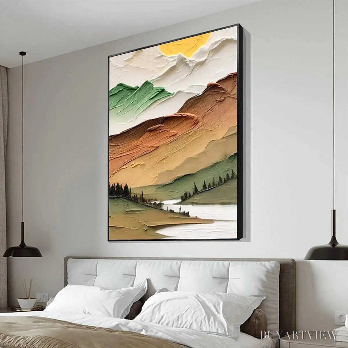 BUYARTVIEW Golden Valley – Textured Mountain Landscape Painting, Green and Gold , Vertical Canvas, Impasto Decor - image 5