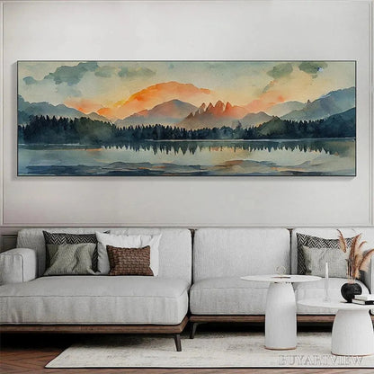 BUYARTVIEW Sunset Serenity Panoramic – Landscape Painting, Panoramic , Watercolor Decor - image 2