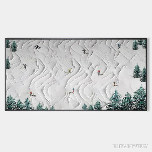 BUYARTVIEW Alpine Dreams – Textured Skiing Painting, Winter Sports , Panoramic Canvas, Snowy Mountain Decor - image 1