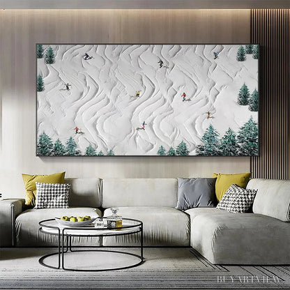 BUYARTVIEW Alpine Dreams – Textured Skiing Painting, Winter Sports , Panoramic Canvas, Snowy Mountain Decor - image 2