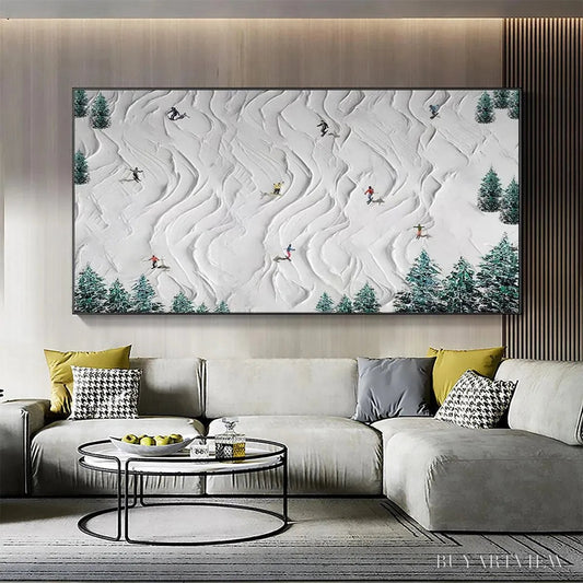 BUYARTVIEW Alpine Dreams – Textured Skiing Painting, Winter Sports , Panoramic Canvas, Snowy Mountain Decor - image 2