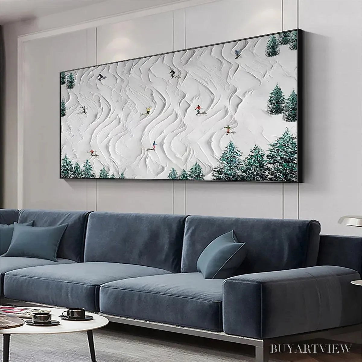 BUYARTVIEW Alpine Dreams – Textured Skiing Painting, Winter Sports , Panoramic Canvas, Snowy Mountain Decor - image 4
