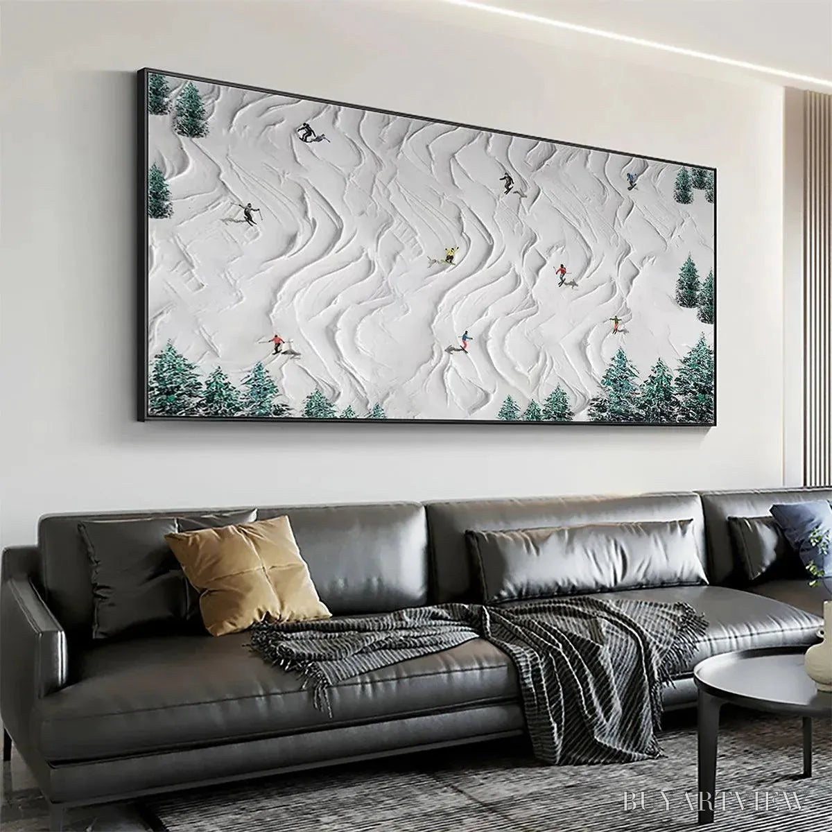BUYARTVIEW Alpine Dreams – Textured Skiing Painting, Winter Sports , Panoramic Canvas, Snowy Mountain Decor - image 5