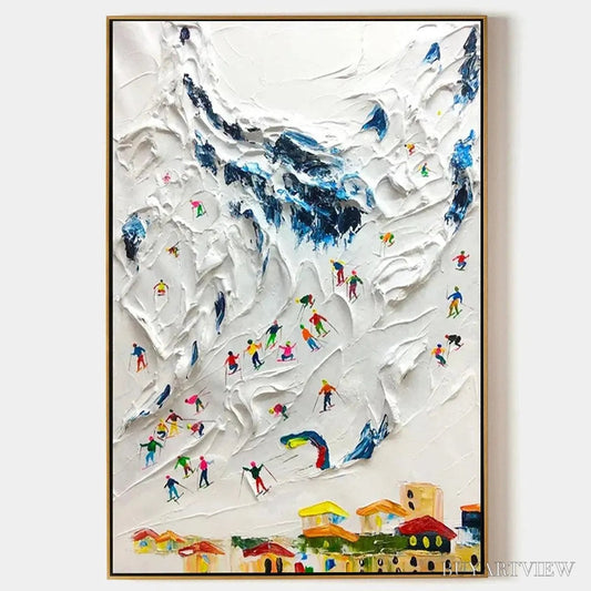 BUYARTVIEW Alpine Ski Day – Textured Ski Scene Painting, Vertical - image 1